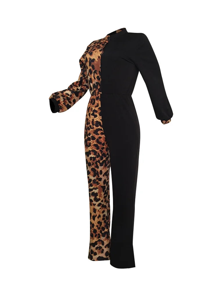 Plunge Leopard Colorblock/Solid Insert V-Neck Jumpsuit