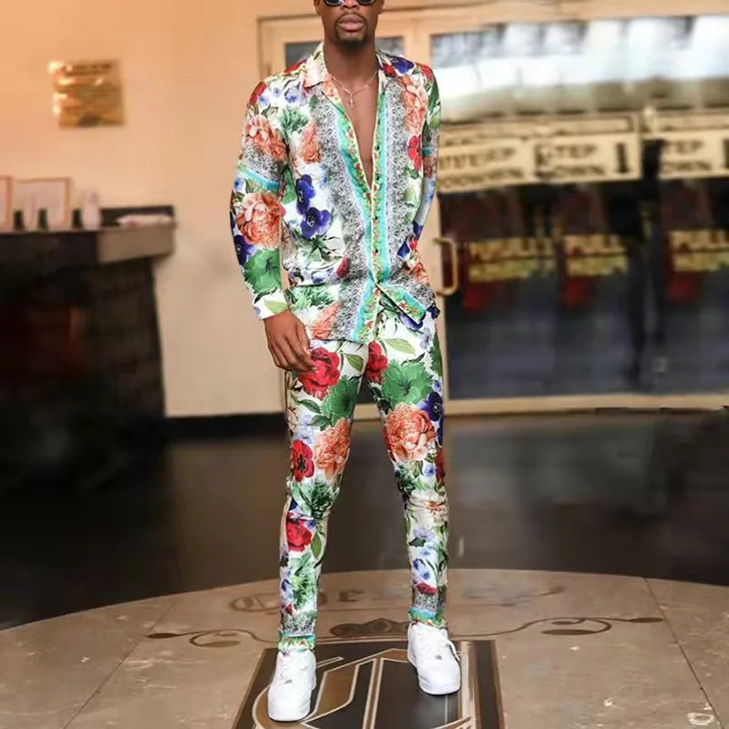 Men's Floral/Baroque Print Streetwear Long Sleeve Dress Shirt + Pants Matching 2-Piece Set to 3X Big & Tall