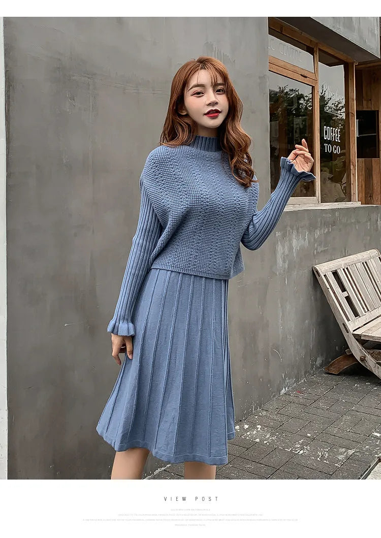 Solid Long Sleeve Pullover Sweater + Knitted Pleated Midi Skirt 2-Piece Set