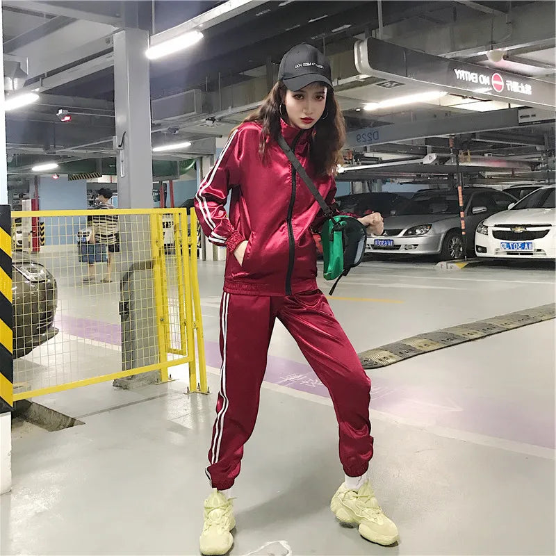 Satin Zipper Side Striped Ladies Jacket + Drawstring Pants Tracksuit