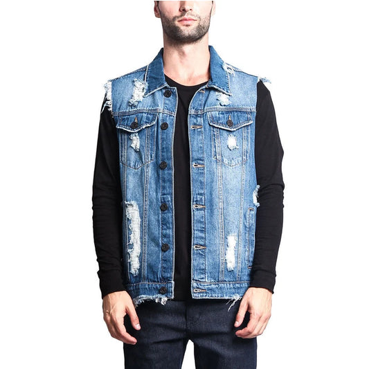 Vintage Men's Denim Retro Sleeveless Ripped Hole Jean Vests