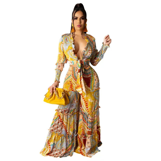 Paisley Floral Tie Front Women's Printed Long Sleeve Bodycon Crop Top + Baggy Pleated Pants 2-Piece Set