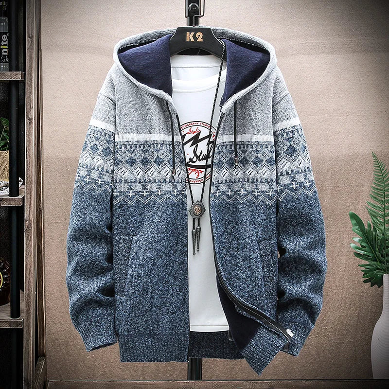 Men's Plaid Wool Zipper Cardigan Hoodie Sweater Jacket