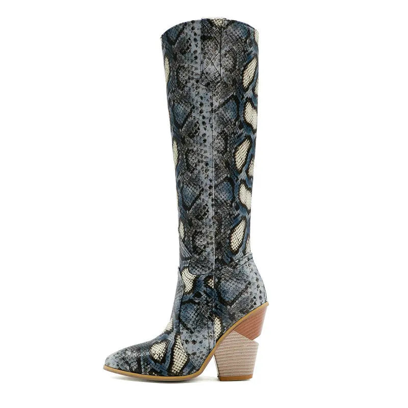 Western Snake Print Wedge Heel Knee High Pointed Toe Zipper Boots