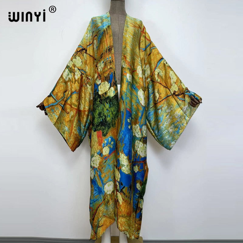 Bohemian African Batwing Sleeve Silk Maxi Cardigan Dress