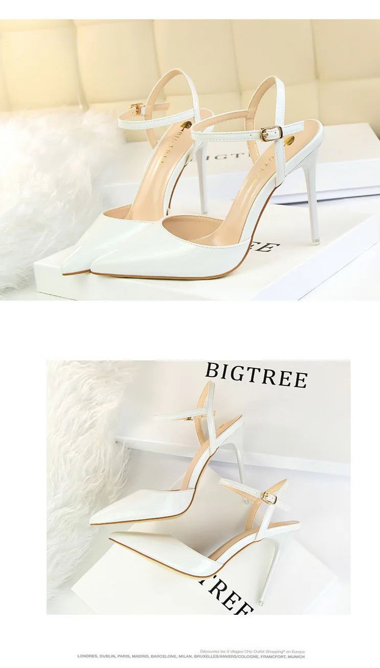 Patent Leather Stiletto Heel Buckle Strap Solid Color Sandal Pumps