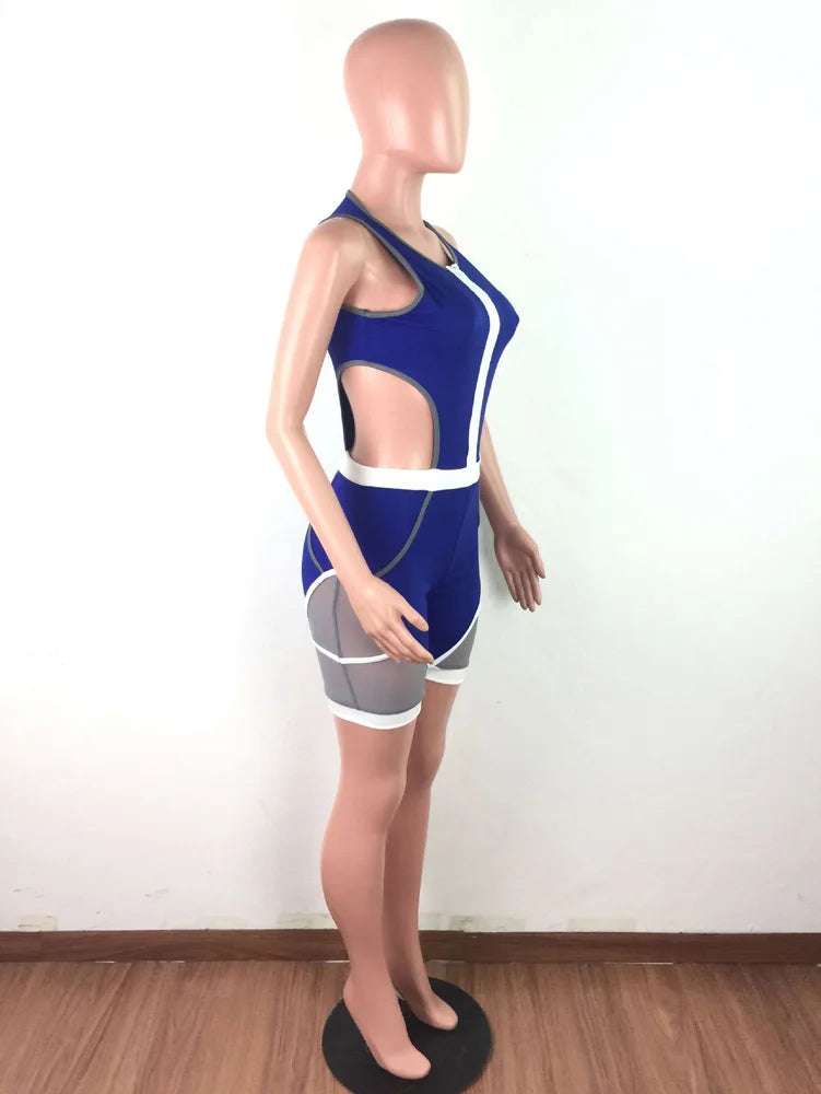 Colorblock Patchwork Sleeveless Bodycon Deep V-Neck Women's Fitness Workout Shorts Romper