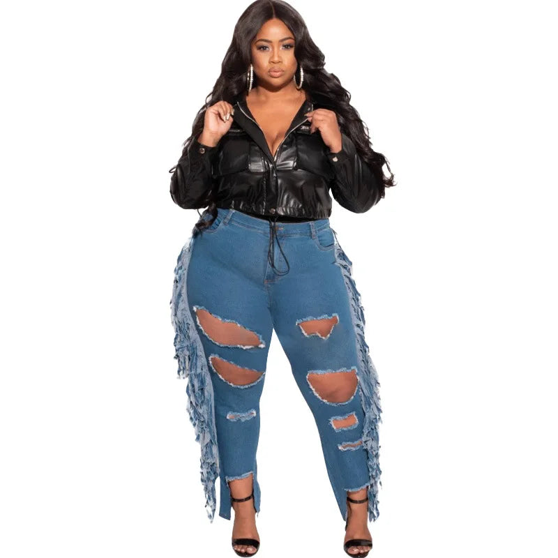 Hole Ripped Hollow-Out Side Tassel Design Women's Streetwear Jeans to 5X Plus Size