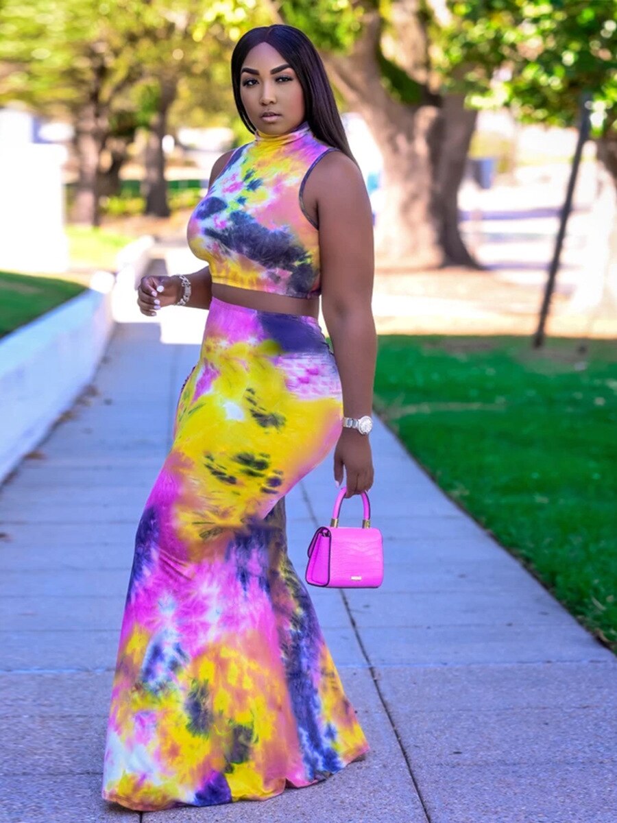 Pastel Tie-Dye Sleeveless Crop Top + Bodycon Maxi Skirt 2-Piece Set to 5X