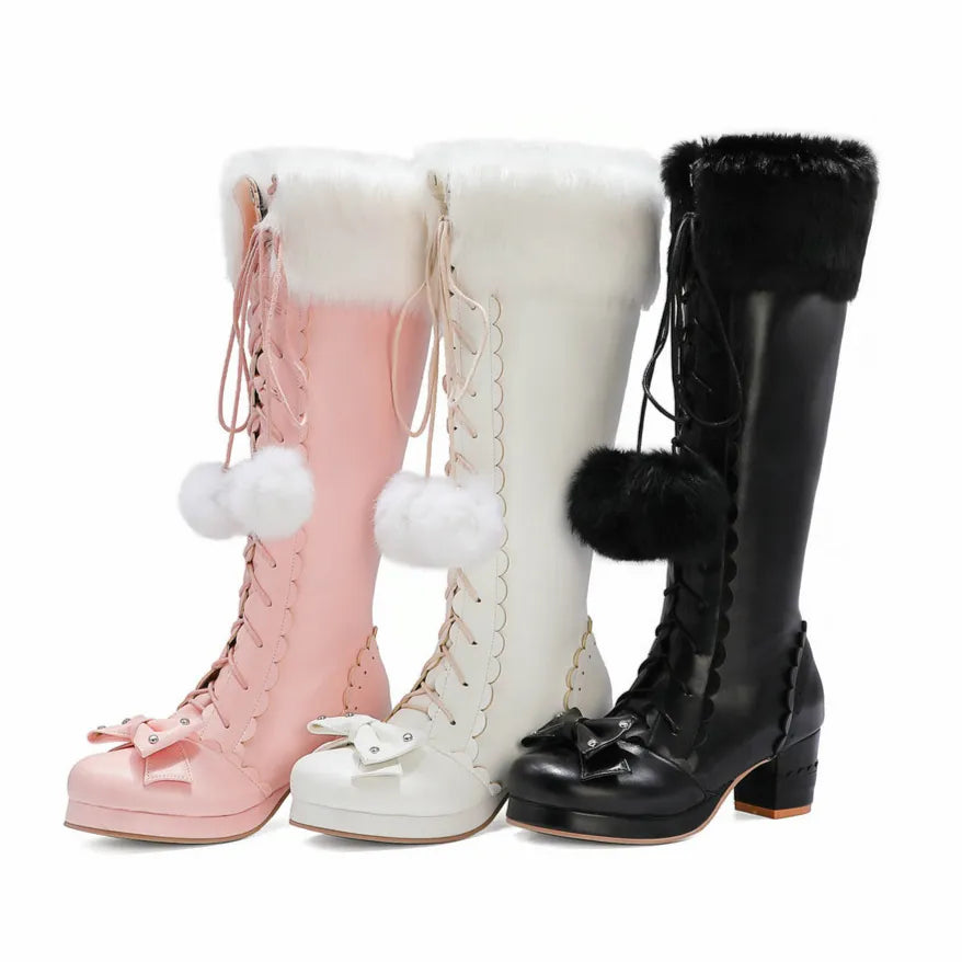 Bowtie PomPom Faux Fur Lace Up Thick Heel Side Zipper PU Leather Boots