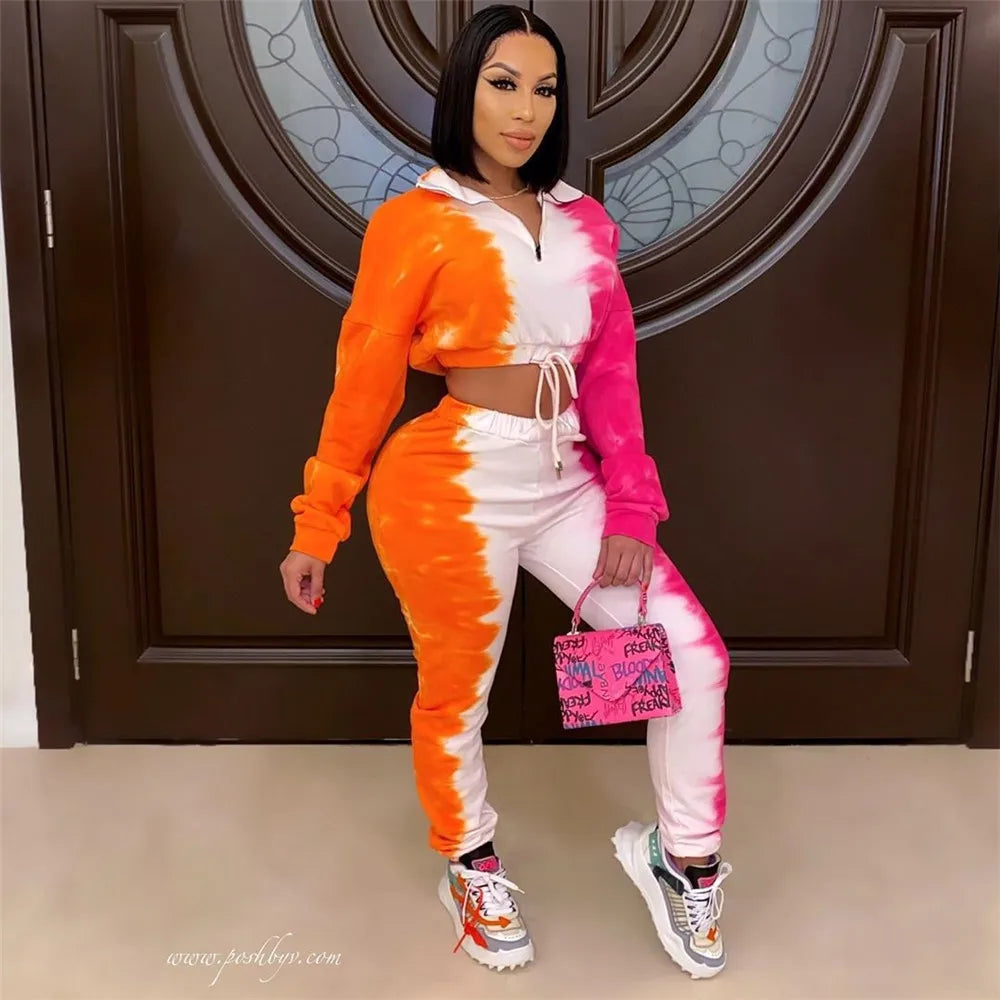 Tie-Dye Colorblock Women's Long Sleeve Zipper Pullover Crop Top + Sweatpants Tracksuit