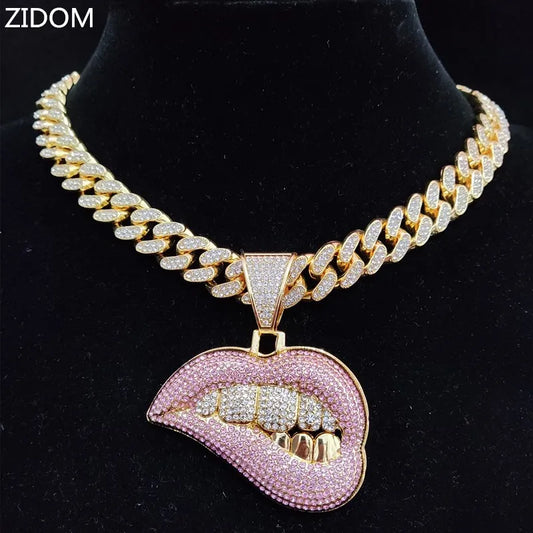 Pink Bite Lip Pendant Crystal Iced Out Hip-Hop Cuban Link Chain Necklace