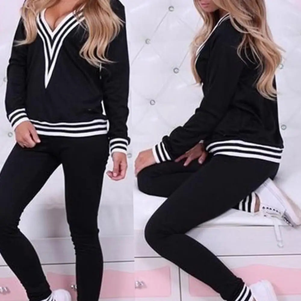 Striped Hem Women's V-Neck Sweatshirt + Sweatpants 2-Piece Set