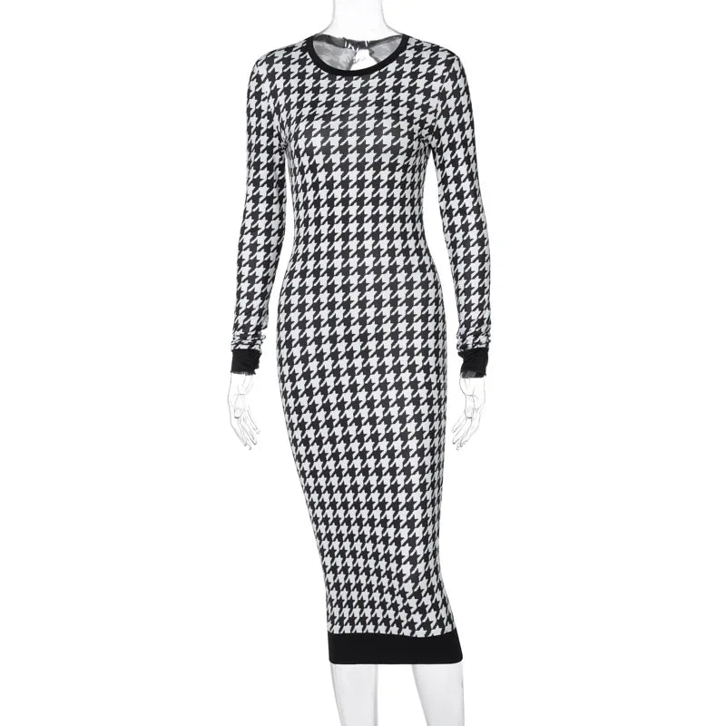 Black/White Houndstooth Print Long Sleeve Bodycon Streetwear Midi Dress