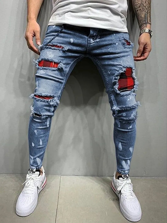 Plaid Men's Ripped Grid Patchwork Denim Pencil Skinny Jeans