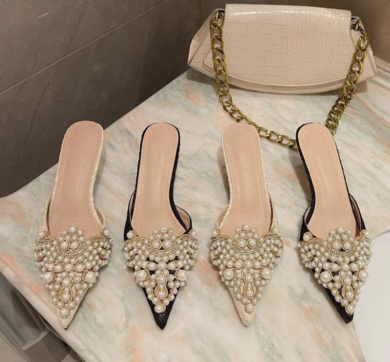 Pearl Crystal Patchwork Slip-On Thin Heel Mule Pumps