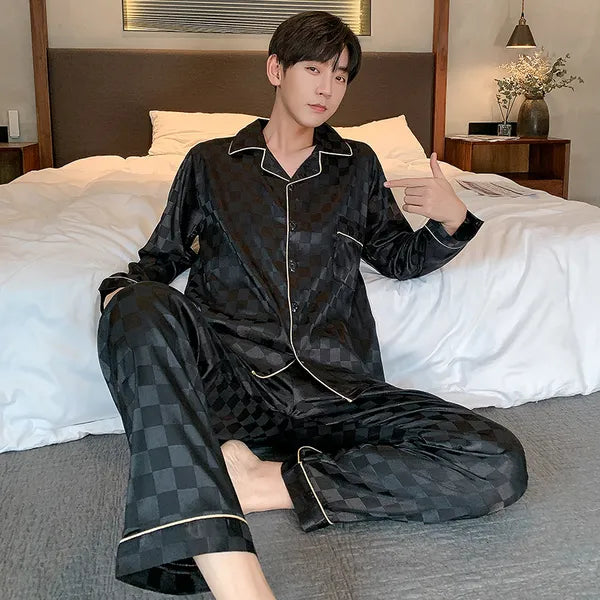 Men's Trousers Plaid High Quality Silky Pajamas Set