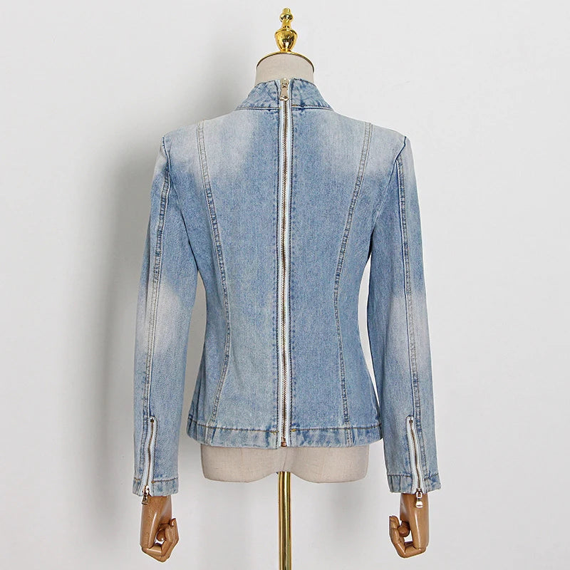 Denim Women's Zipper Back Vintage Oversized Bow Design Stand Collar Long Sleeve Patchwork Jean Jacket