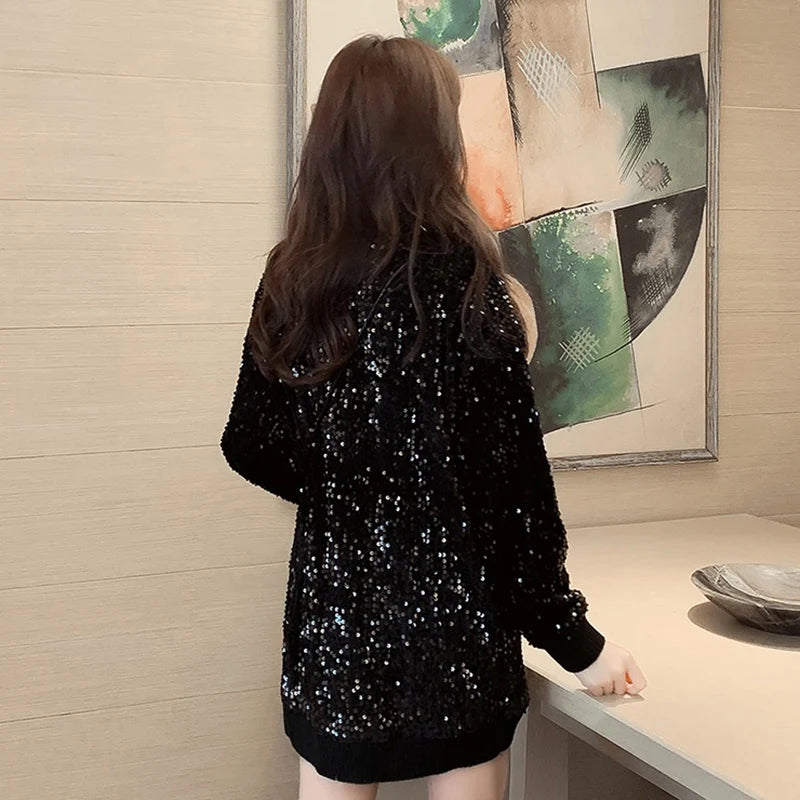 Sequined Knitted Pullover Women's Long Sleeve Sweater Dress