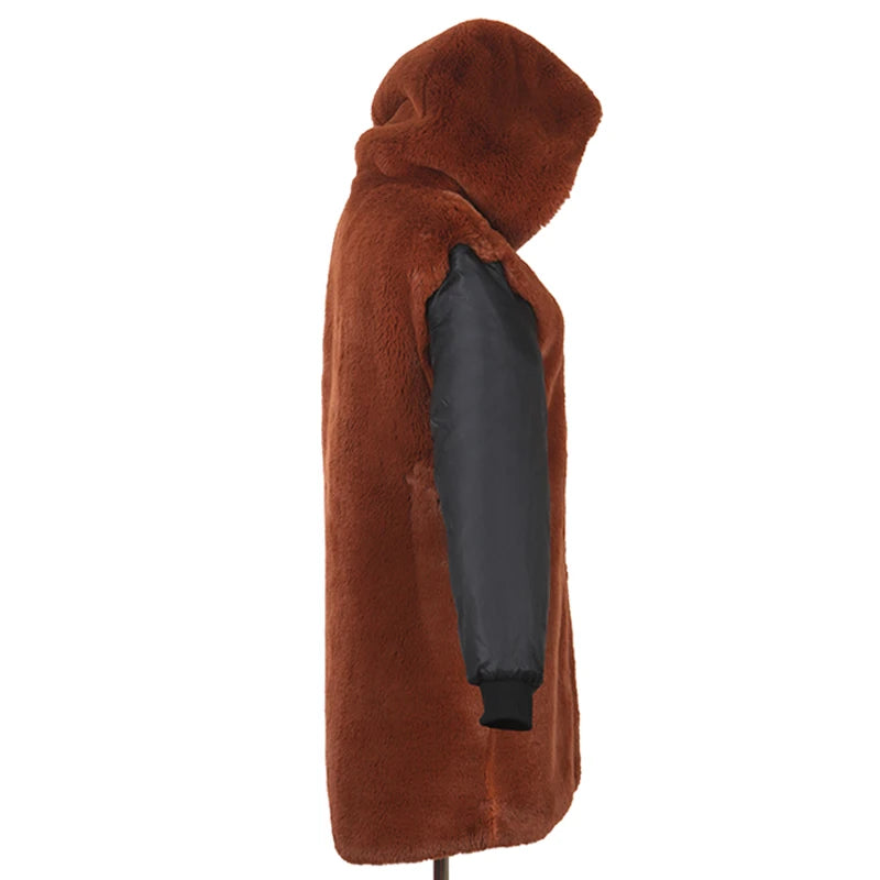 Colorblock Real Fur Oversized Collar Hip-Hop Design Women's Hooded Full Pelt Trenchcoat