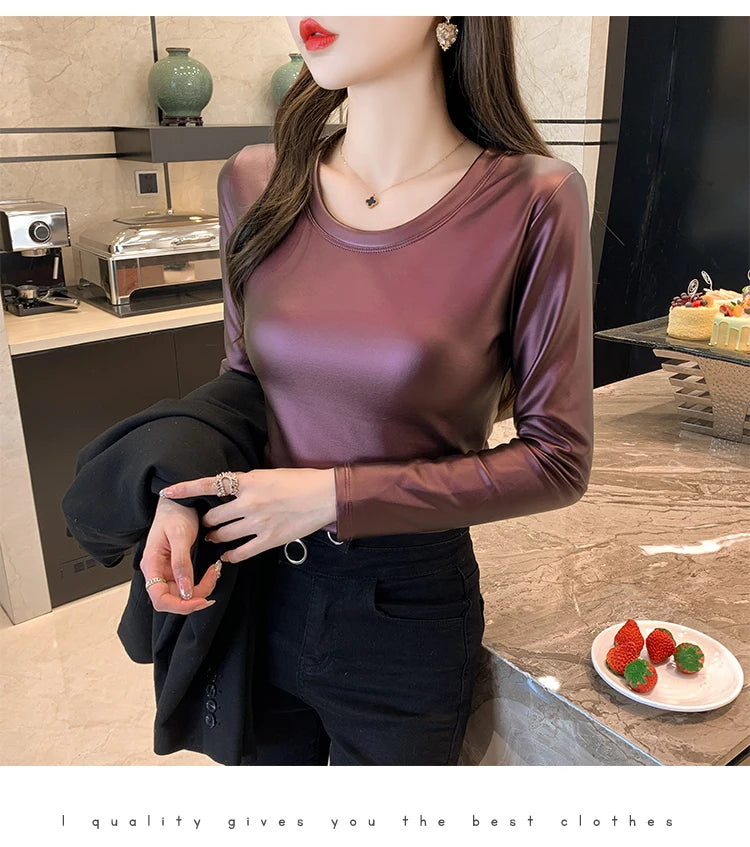 PU Leather O-Neck Colorblock/Solid Velvet Lined Long Sleeve Patchwork Elastic Women's Shirt to 4X Plus Size