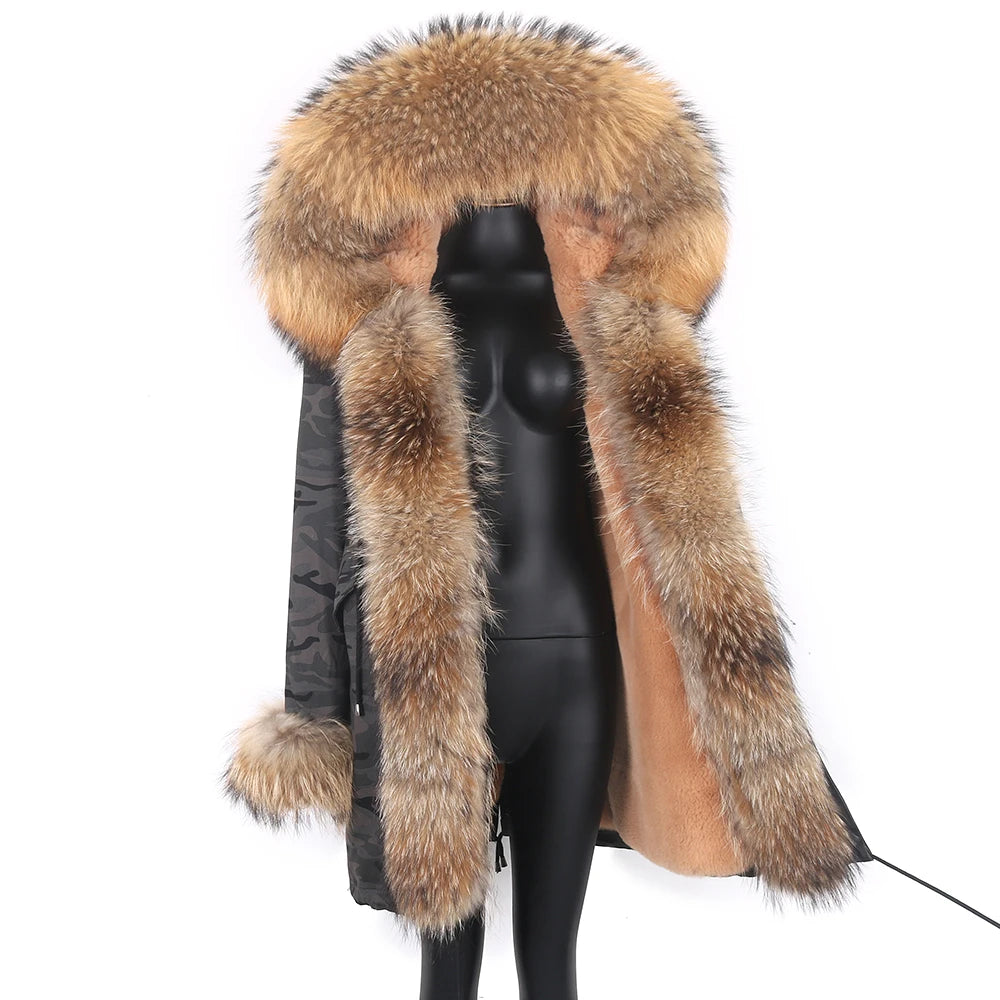 Colorblock Real Fur Oversized Collar Hip-Hop Design Women's Hooded Full Pelt Trenchcoat