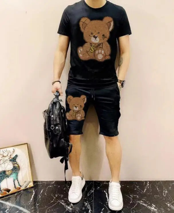 Men's Anime Rhinestone Diamond Teddy Bear Embroidered Short Sleeve O-Neck T-Shirt + Matching Shorts 2-Piece Set