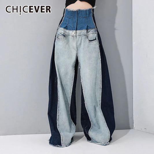 Colorblock Patchwork Blue/Black Women's High Waist Patchwork Denim Wide Leg Baggy Jeans