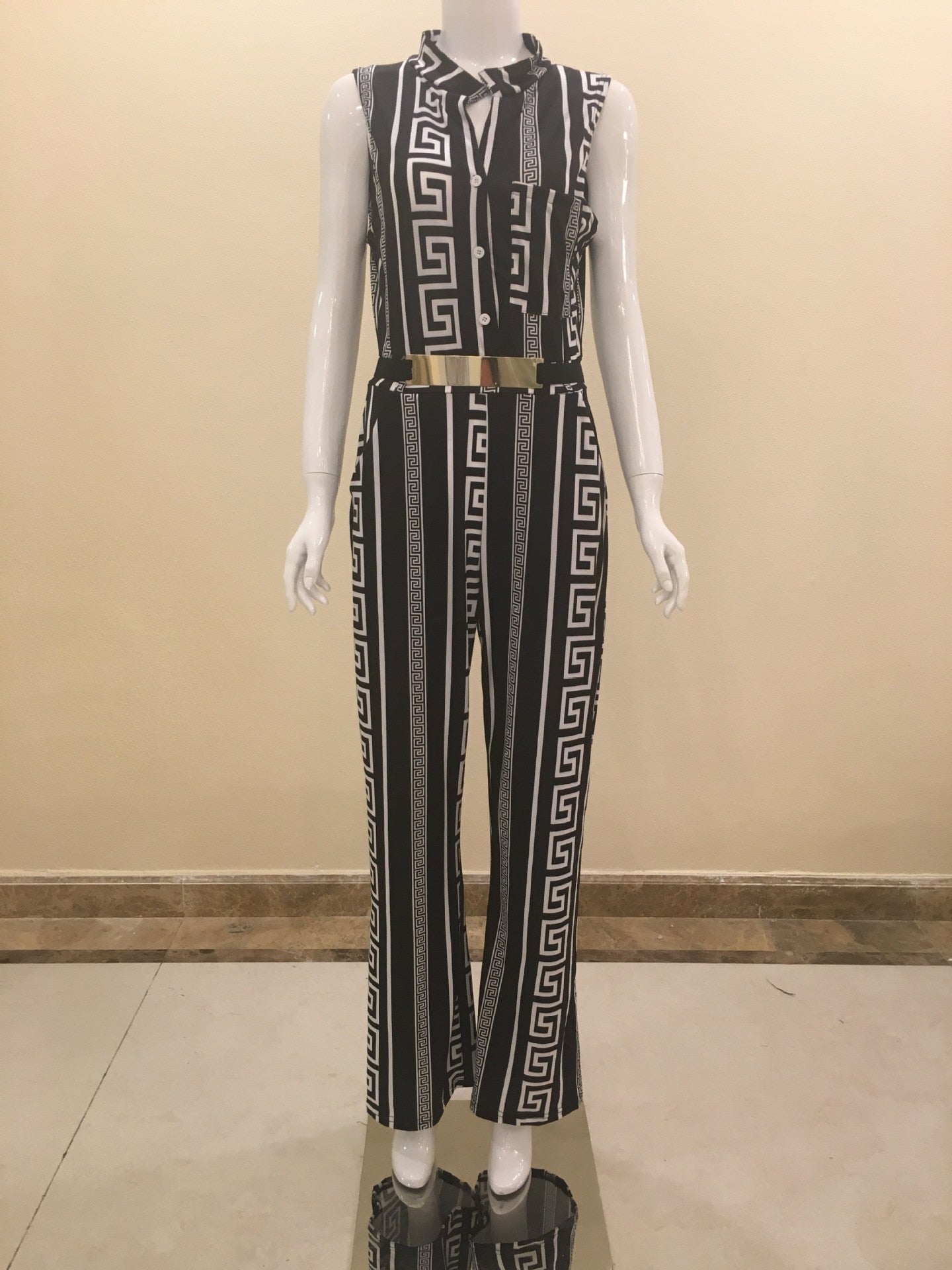 Geometric Black/White V-Neck Sleeveless Belted Jumpsuit