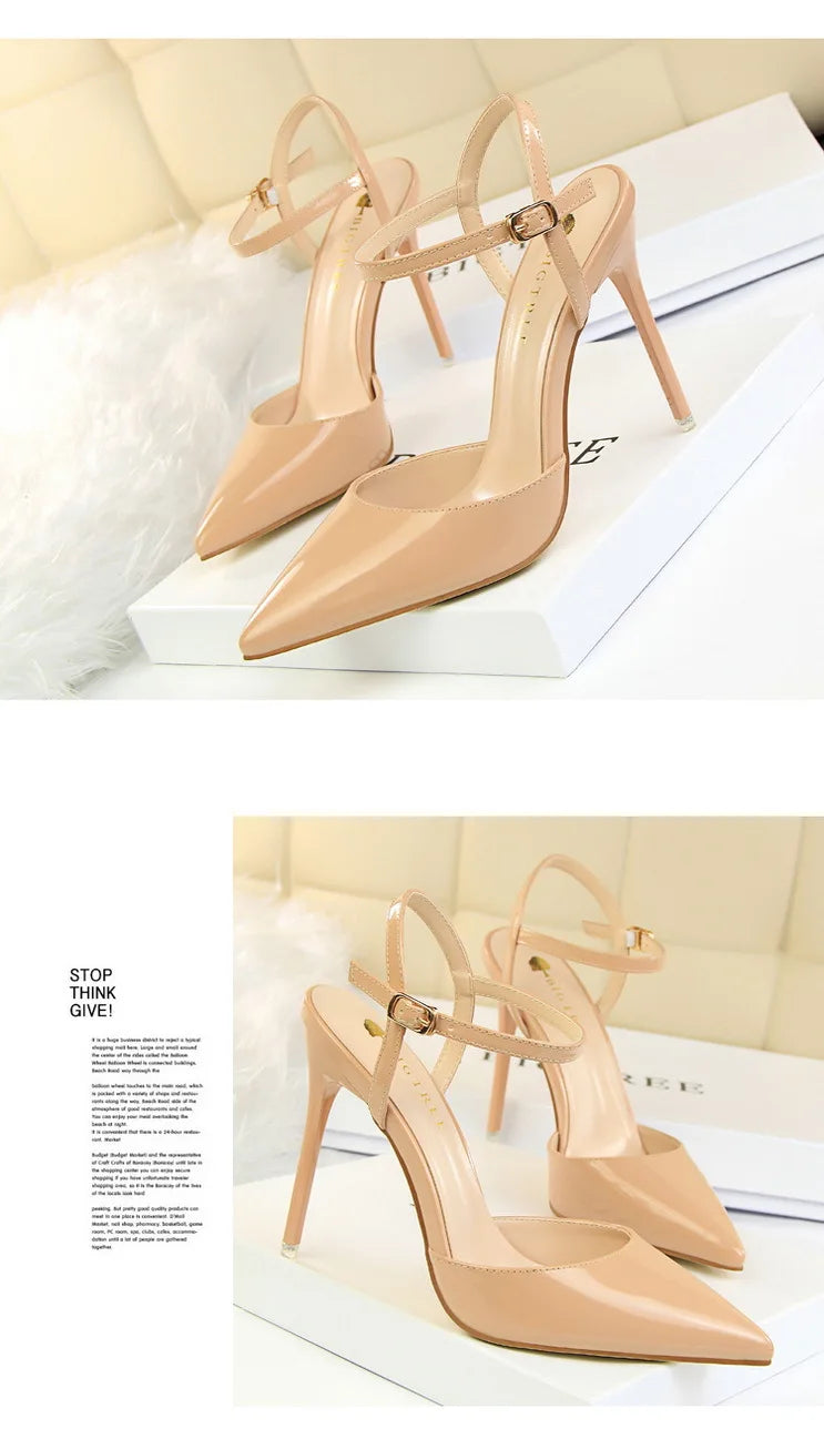 Patent Leather Stiletto Heel Buckle Strap Solid Color Sandal Pumps