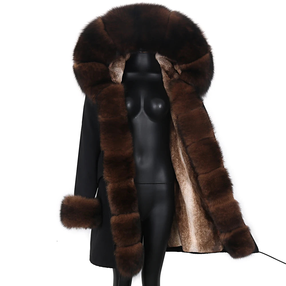 Colorblock Real Fur Oversized Collar Hip-Hop Design Women's Hooded Full Pelt Trenchcoat