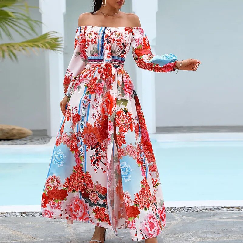 Floral Off Shoudler Strapless Split Vintage Long Sleeve Maxi Dress