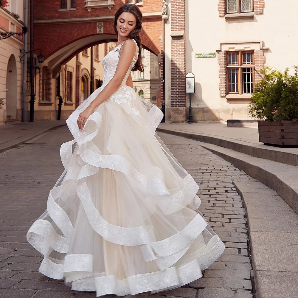 Exquisite Scoop Ruffled Champagne Lace Plus Size Bridal Gown Dress