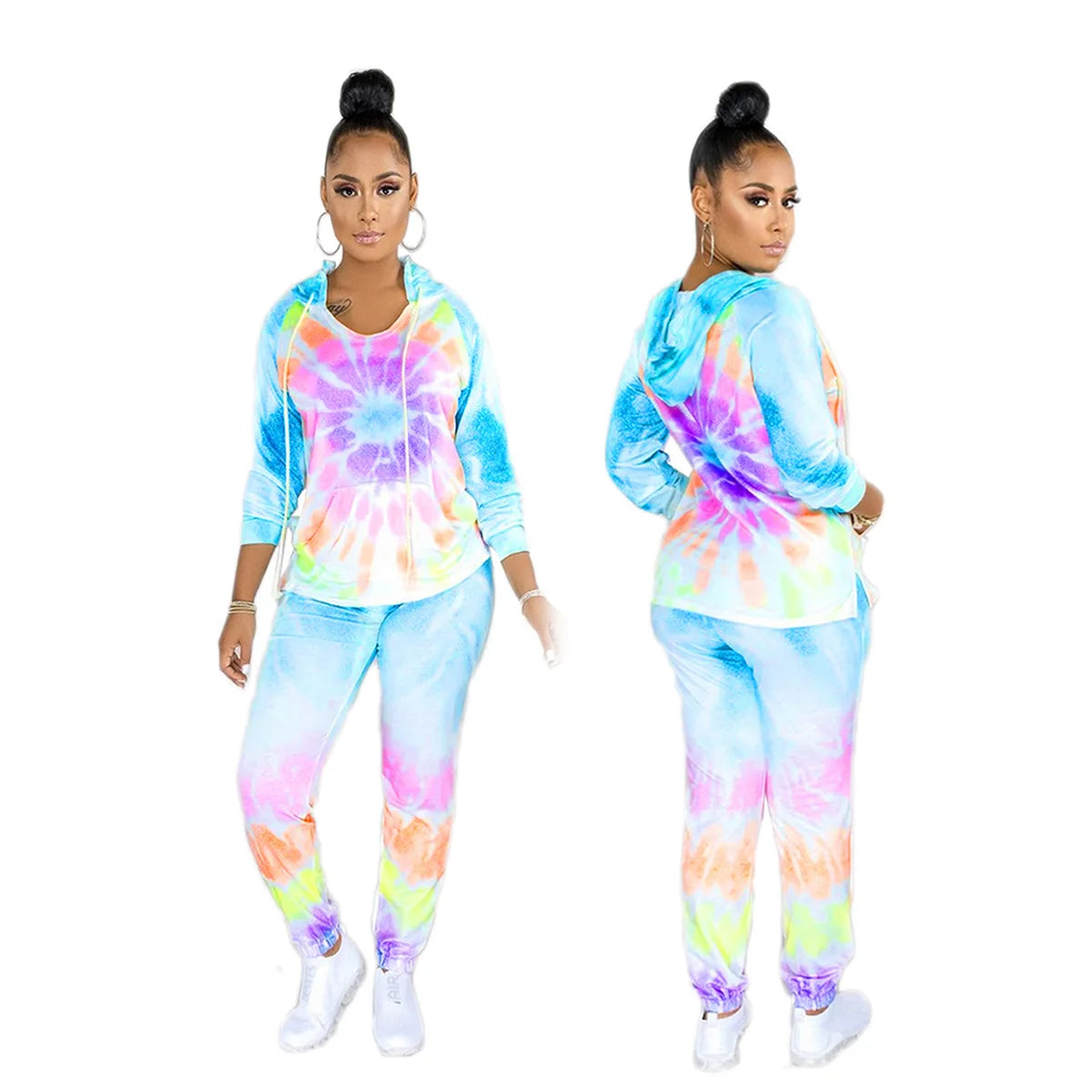 Pastel Tie-Dye Print O-Neck Long Sleeve Hoodie Sweatshirt + Sweatpants Ladies Tracksuit