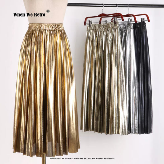 Metallic Pleated High Waist Solid Midi Skirt