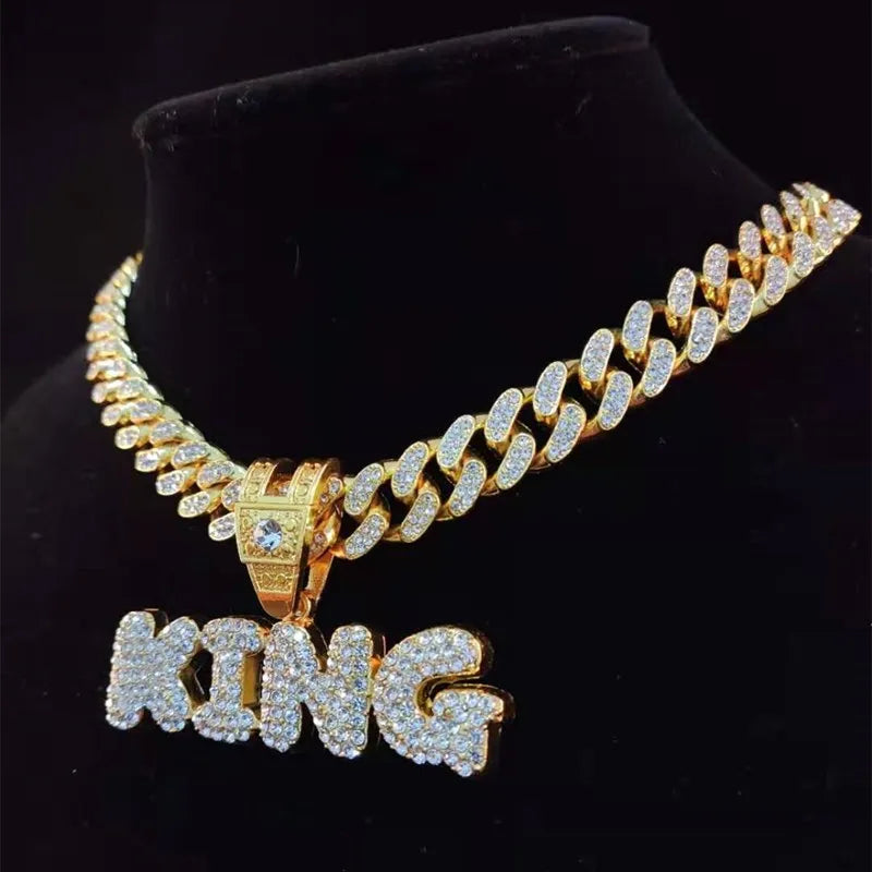 "KING" or "QUEEN" Letter Pendant Miami Cuban Iced Out Chain