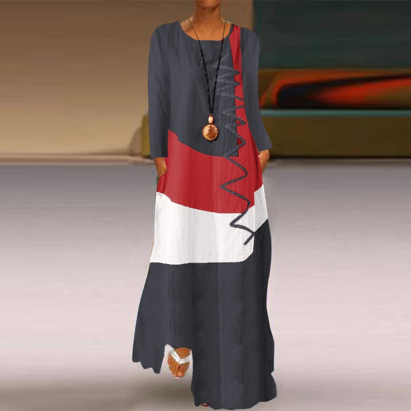 Colorblock Striped Oversized Patchwork Kafta Sleeveless/Long Sleeve Maxi Dress