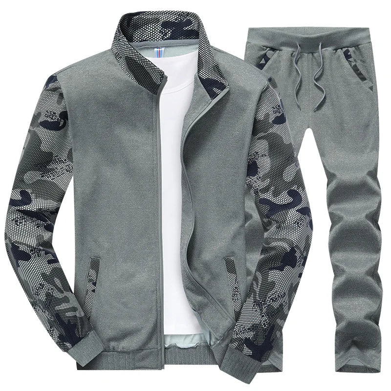 Men's Velvet Camouflage Mandarin Collar Ruched Zipper Tracksuit