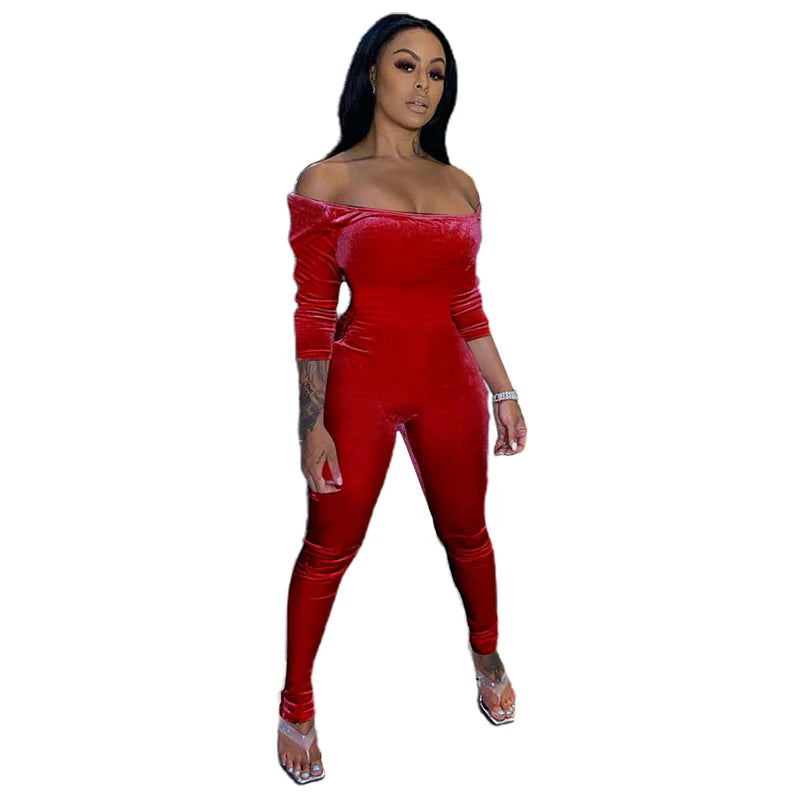 Velvet Solid Slash Neck Off-the-Shoulder Long Sleeve Jumpsuit