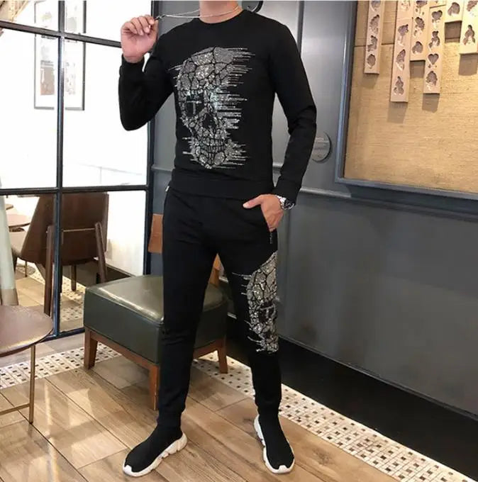 Men's Skull Print Long Sleeve Sweatshirt + Matching Sweatpants 2-Piece Tracksuit