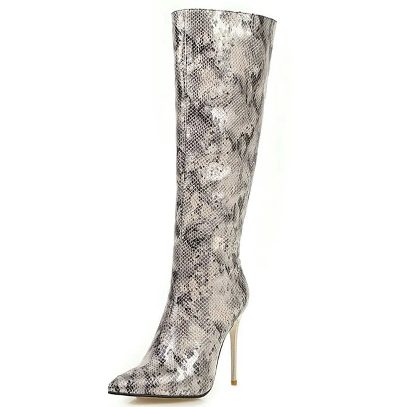 Leather Snake/Leopard/Croc Print Gold Metal Stiletto Heel Knee-High Western Cowgirl Boots