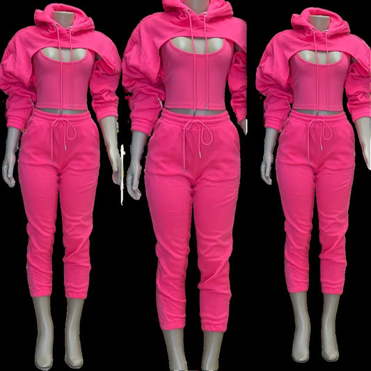 Puff Sleeve Solid Color Hollow-Out Long Sleeve Crop Hoodie w/ Vest + High Waist Jogger Sweatpants Women's Tracksuit