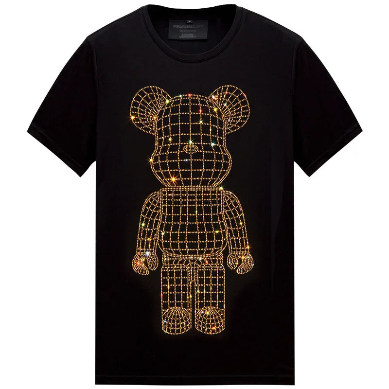 Rhinestone Men's Metal Grid Teddy Bear Streetwear O-Neck Short Sleeve T-Shirt