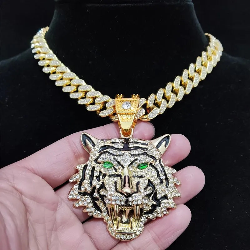 3D Tiger Pendant Crystal Cuban Chain Hip-Hop Iced Out Bling Chain Necklace
