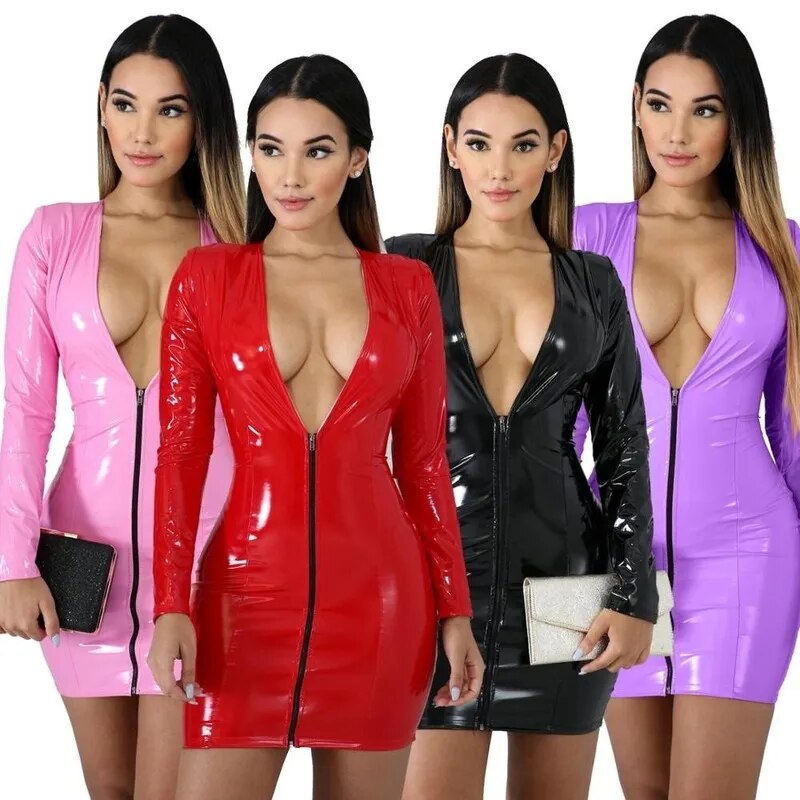 Latex Bodycon Zipper V-Neck Faux Leather Long Sleeve Mini Club Dress