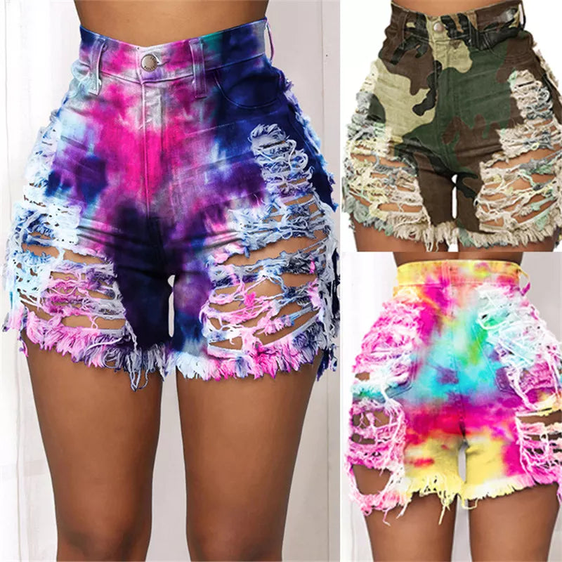 Ripped Camouflauge Tie-Dye Denim Hollow-Out Women's Jean Shorts