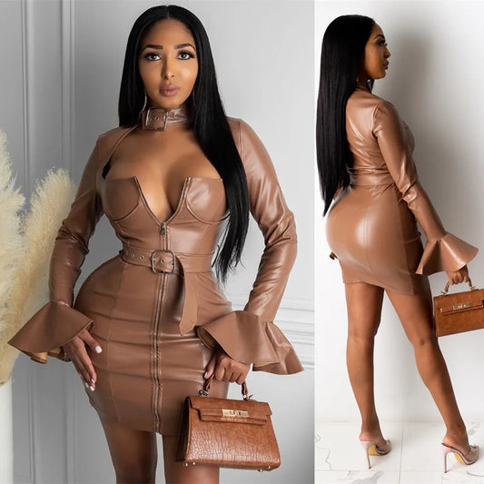 Brown Faux Leather Flare Long Sleeve Zipper Bodycon Club Dress w/ Belt