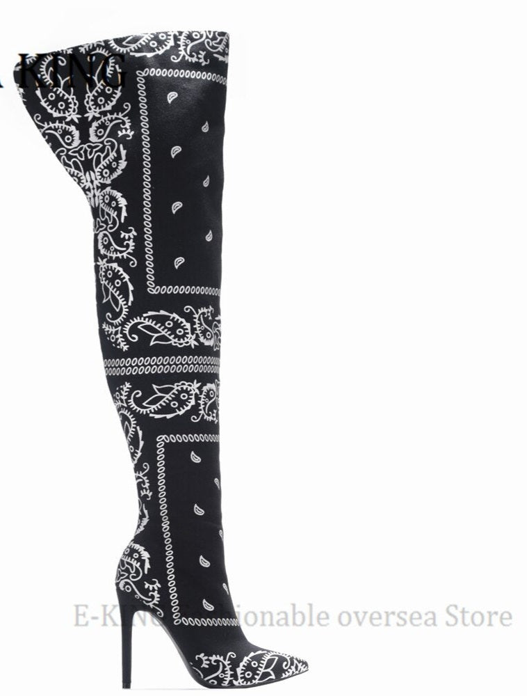 Bandana Print Women's Thigh High Over The Knee Pointed Toe Silk Boots