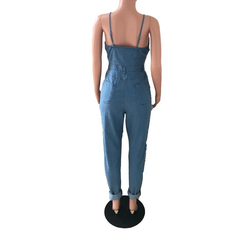 Pocket Button Design Skinny Tube Top Jean Jumpsuit