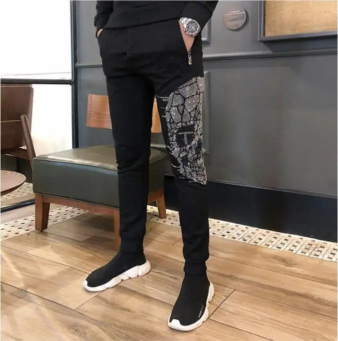 Men's Skull Print Long Sleeve Sweatshirt + Matching Sweatpants 2-Piece Tracksuit